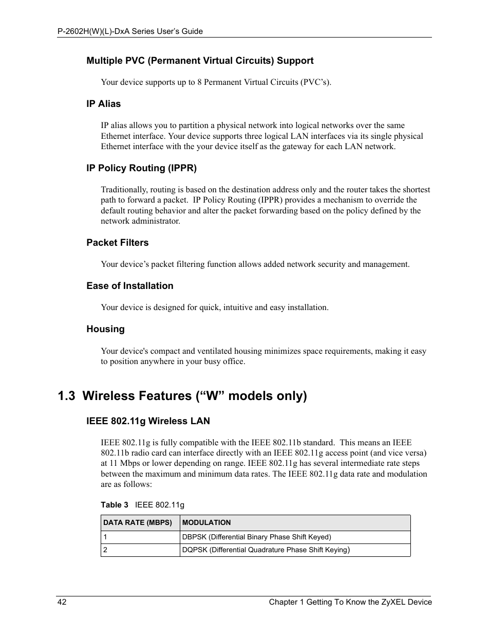 3 wireless features (“w” models only), Table 3 ieee 802.11g | ZyXEL Communications P-2602HW(L) Series User Manual | Page 42 / 427