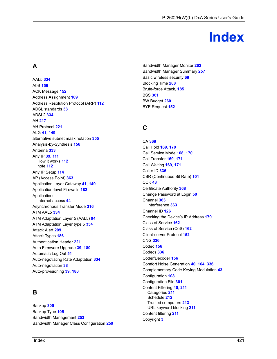 Index | ZyXEL Communications P-2602HW(L) Series User Manual | Page 421 / 427