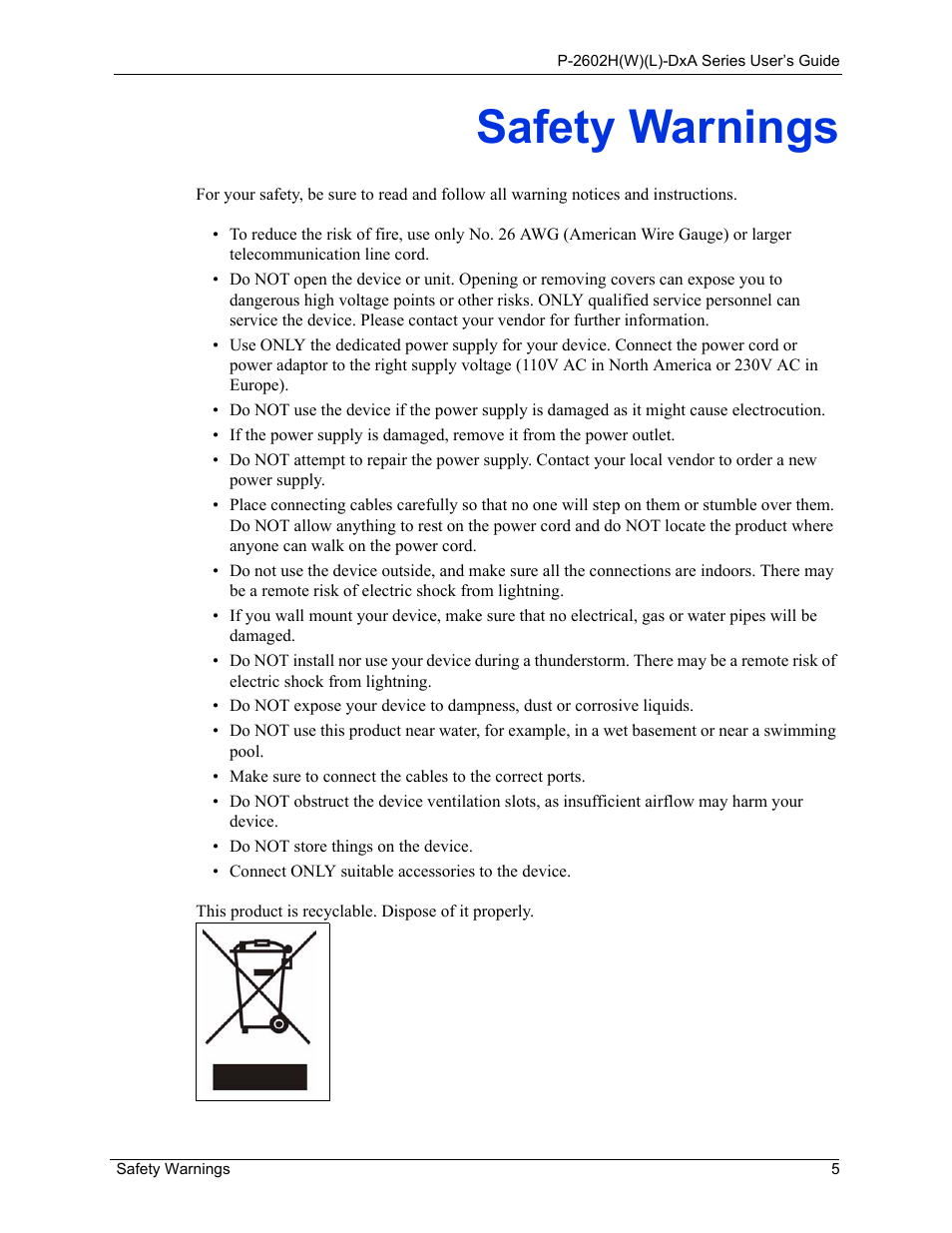 Safety warnings | ZyXEL Communications P-2602HW(L) Series User Manual | Page 5 / 427