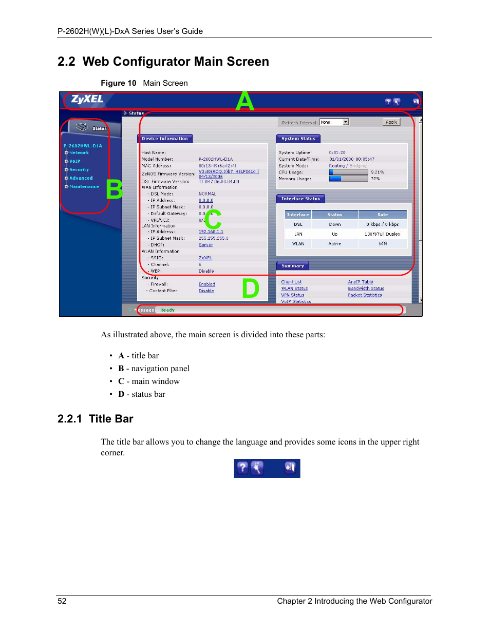 2 web configurator main screen, 1 title bar, Figure 10 main screen | Ab c d | ZyXEL Communications P-2602HW(L) Series User Manual | Page 52 / 427