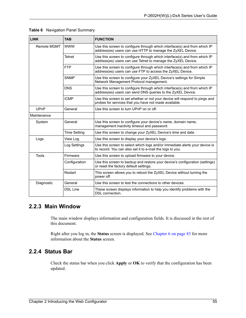 3 main window, 4 status bar, 3 main window 2.2.4 status bar | ZyXEL Communications P-2602HW(L) Series User Manual | Page 55 / 427