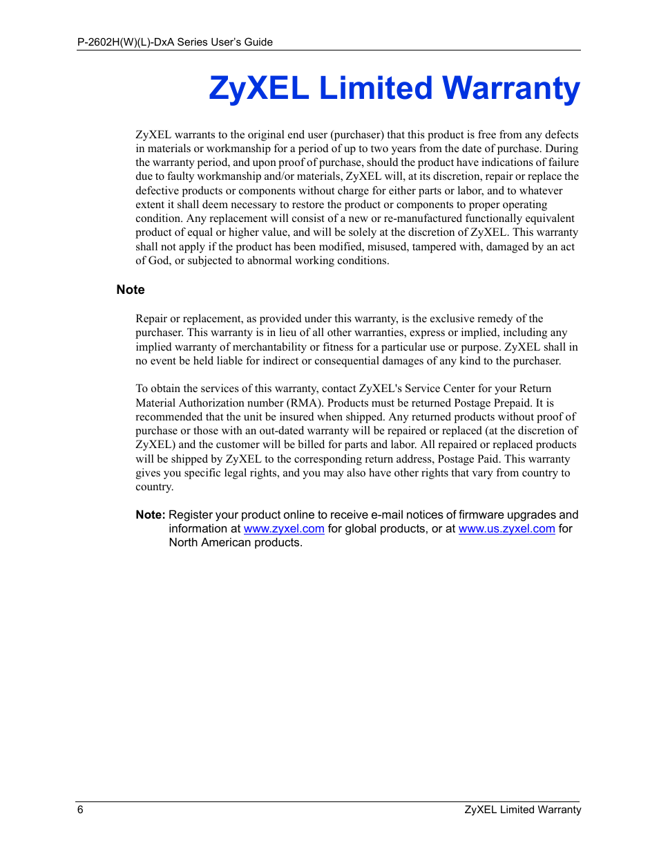 Zyxel limited warranty | ZyXEL Communications P-2602HW(L) Series User Manual | Page 6 / 427