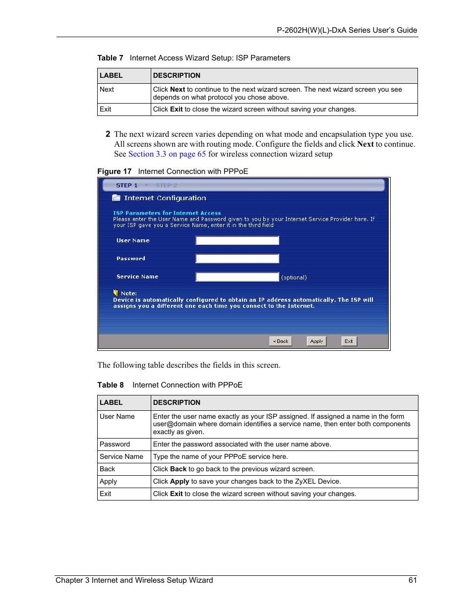 Figure 17 internet connection with pppoe, Table 8 internet connection with pppoe | ZyXEL Communications P-2602HW(L) Series User Manual | Page 61 / 427