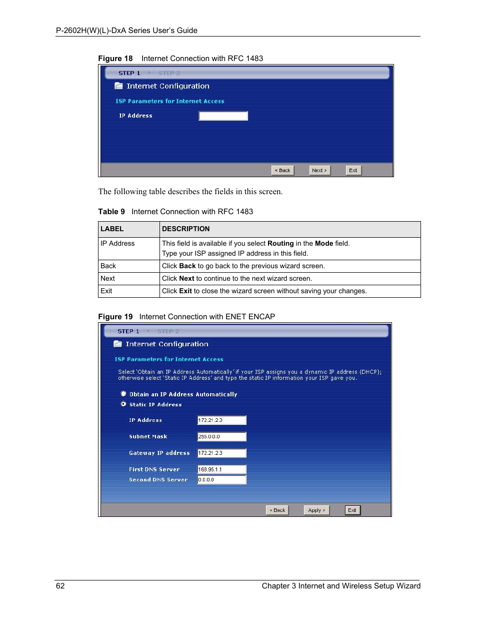 Table 9 internet connection with rfc 1483 | ZyXEL Communications P-2602HW(L) Series User Manual | Page 62 / 427