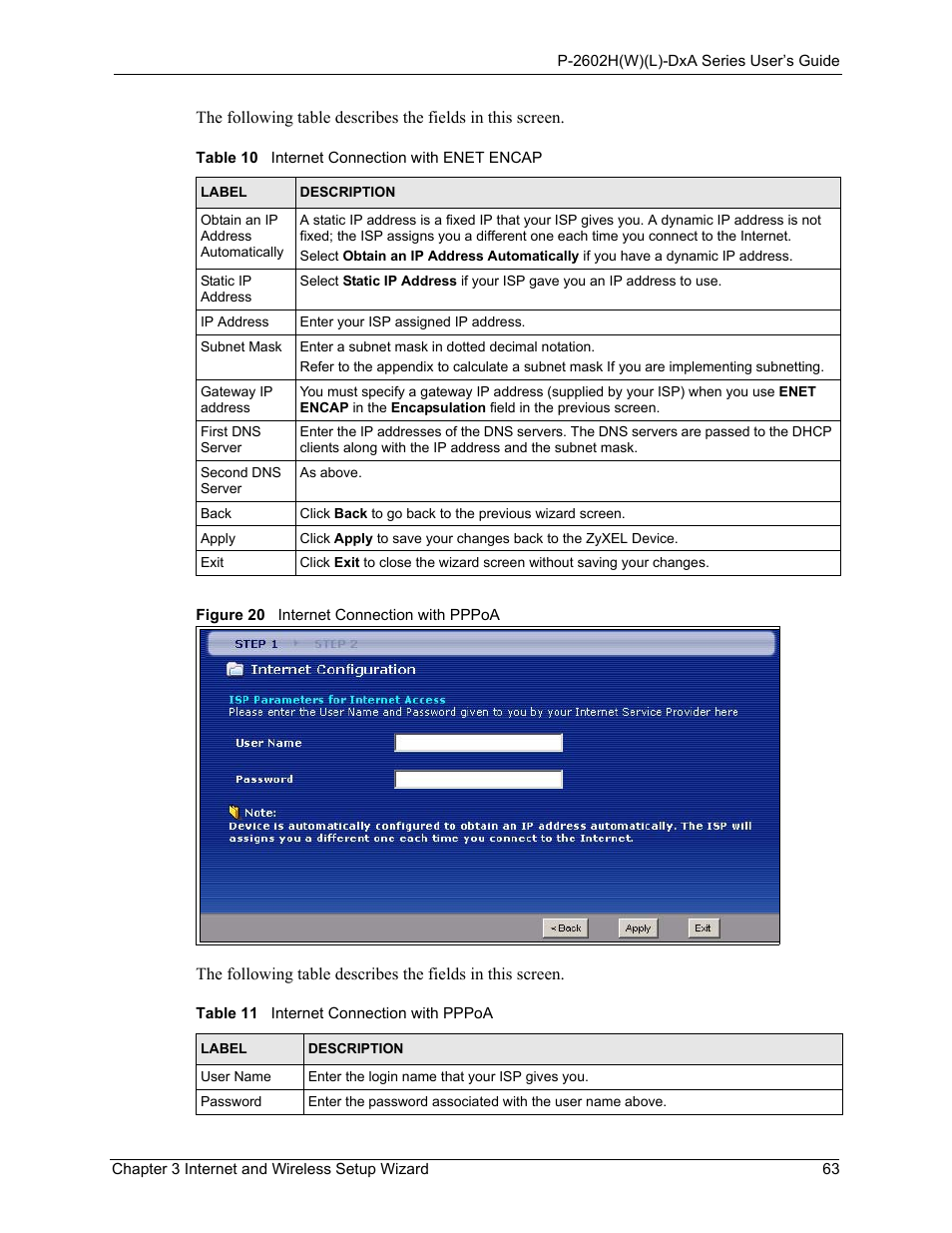 Figure 20 internet connection with pppoa | ZyXEL Communications P-2602HW(L) Series User Manual | Page 63 / 427