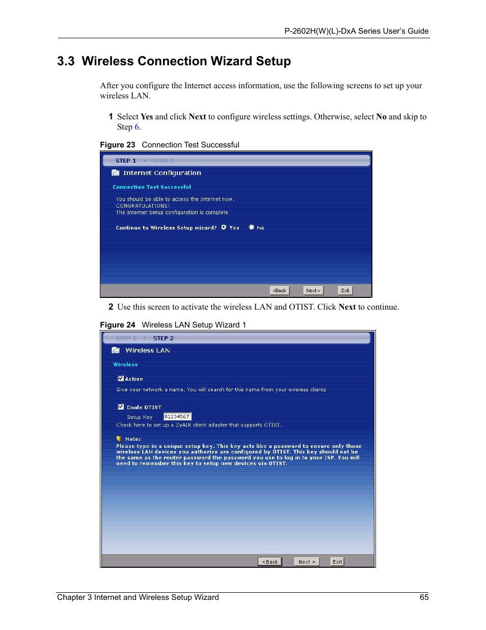 3 wireless connection wizard setup | ZyXEL Communications P-2602HW(L) Series User Manual | Page 65 / 427