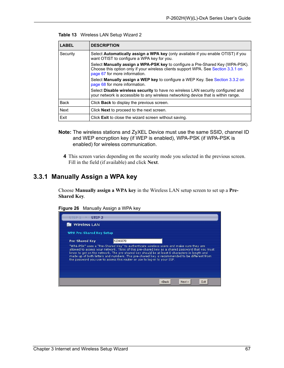 1 manually assign a wpa key, Figure 26 manually assign a wpa key | ZyXEL Communications P-2602HW(L) Series User Manual | Page 67 / 427