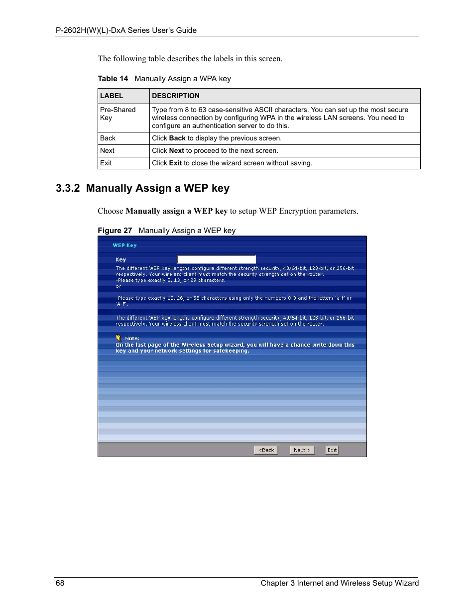 2 manually assign a wep key, Figure 27 manually assign a wep key, Table 14 manually assign a wpa key | Section 3.3.2 on | ZyXEL Communications P-2602HW(L) Series User Manual | Page 68 / 427