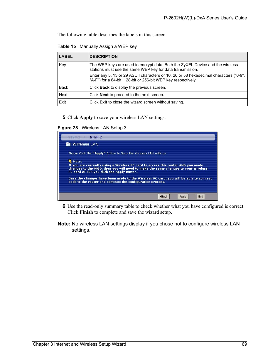 Figure 28 wireless lan setup 3, Table 15 manually assign a wep key | ZyXEL Communications P-2602HW(L) Series User Manual | Page 69 / 427