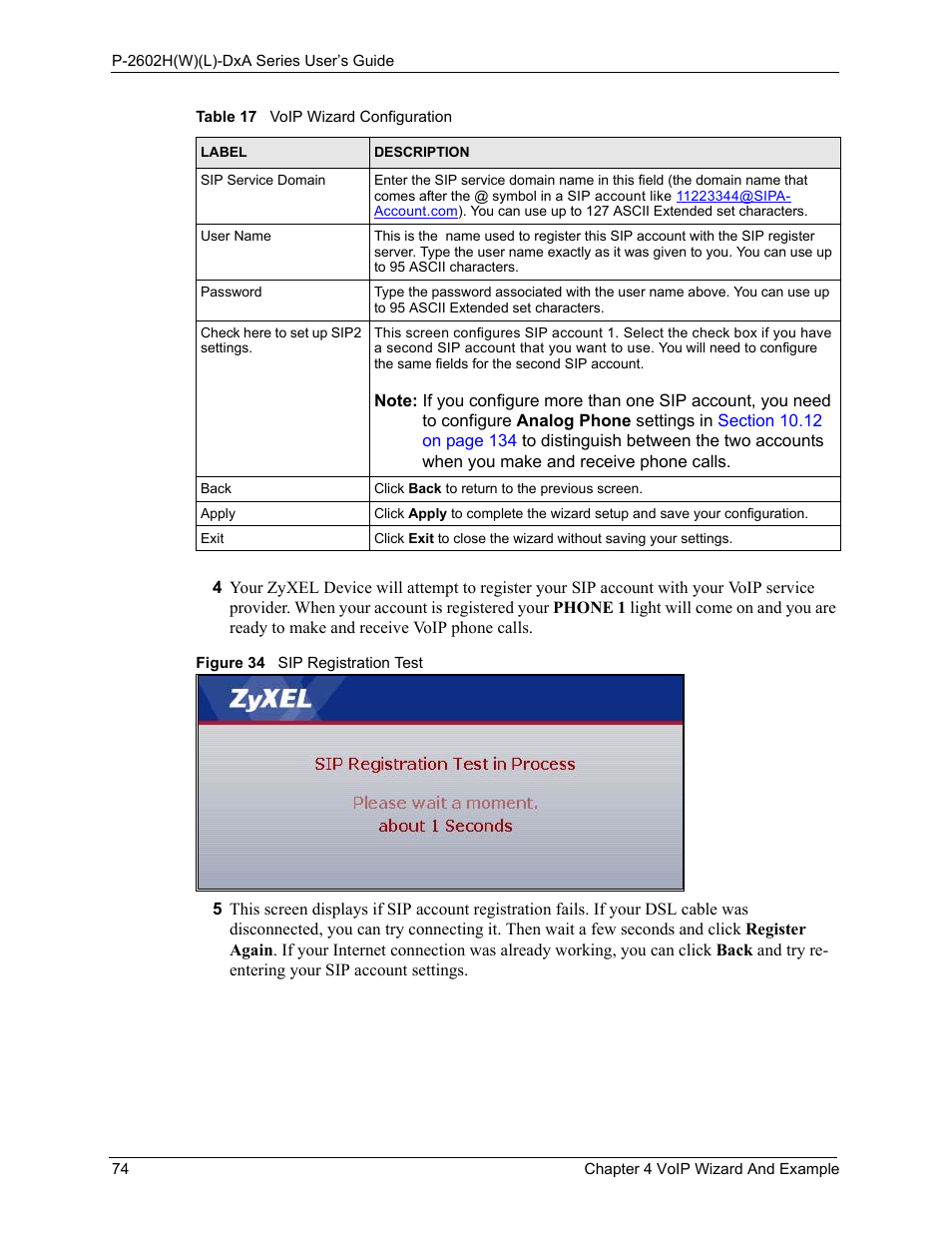 Figure 34 sip registration test | ZyXEL Communications P-2602HW(L) Series User Manual | Page 74 / 427