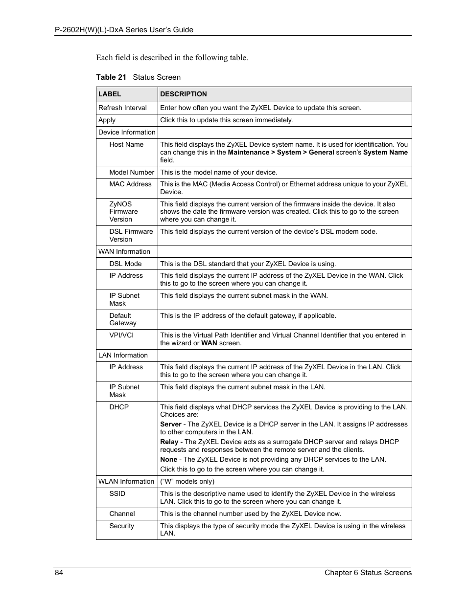 Table 21 status screen | ZyXEL Communications P-2602HW(L) Series User Manual | Page 84 / 427