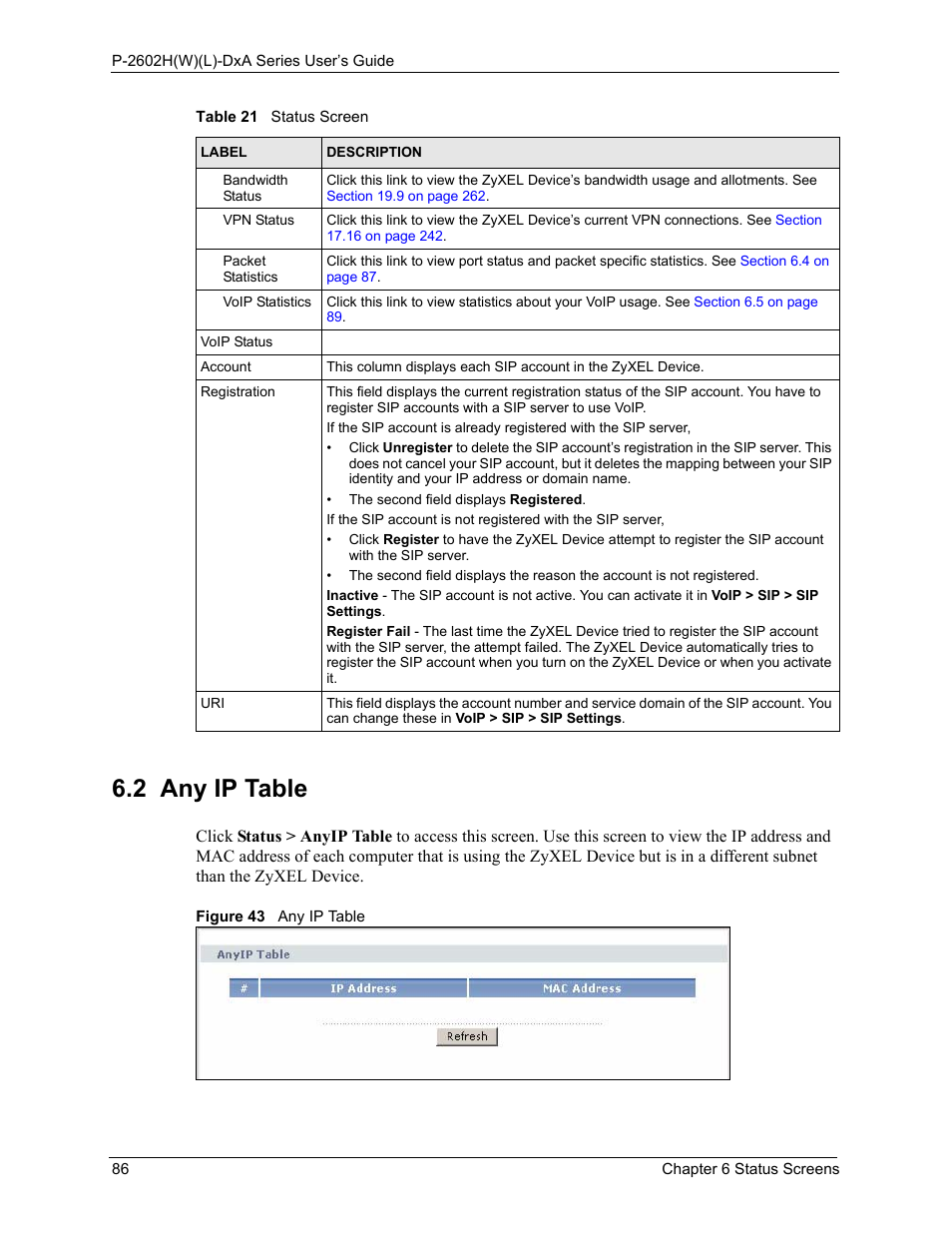 2 any ip table, Figure 43 any ip table | ZyXEL Communications P-2602HW(L) Series User Manual | Page 86 / 427