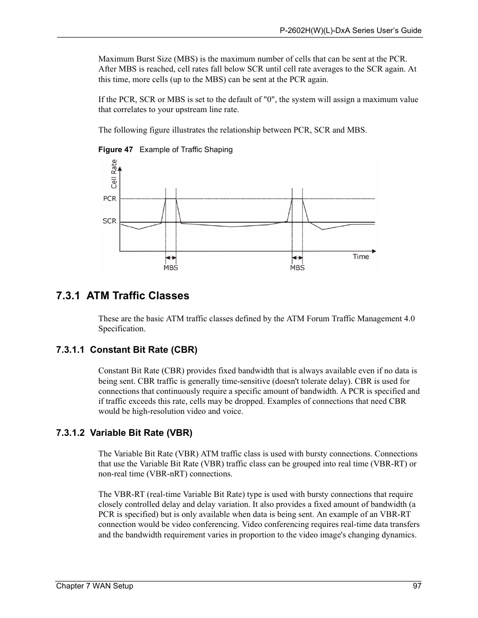 1 atm traffic classes, 1 constant bit rate (cbr), 2 variable bit rate (vbr) | Figure 47 example of traffic shaping | ZyXEL Communications P-2602HW(L) Series User Manual | Page 97 / 427