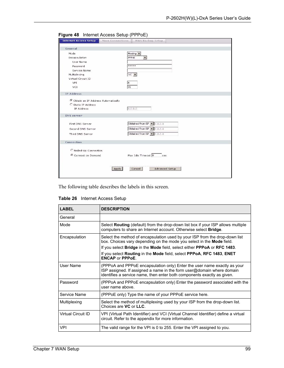 Figure 48 internet access setup (pppoe), Table 26 internet access setup | ZyXEL Communications P-2602HW(L) Series User Manual | Page 99 / 427