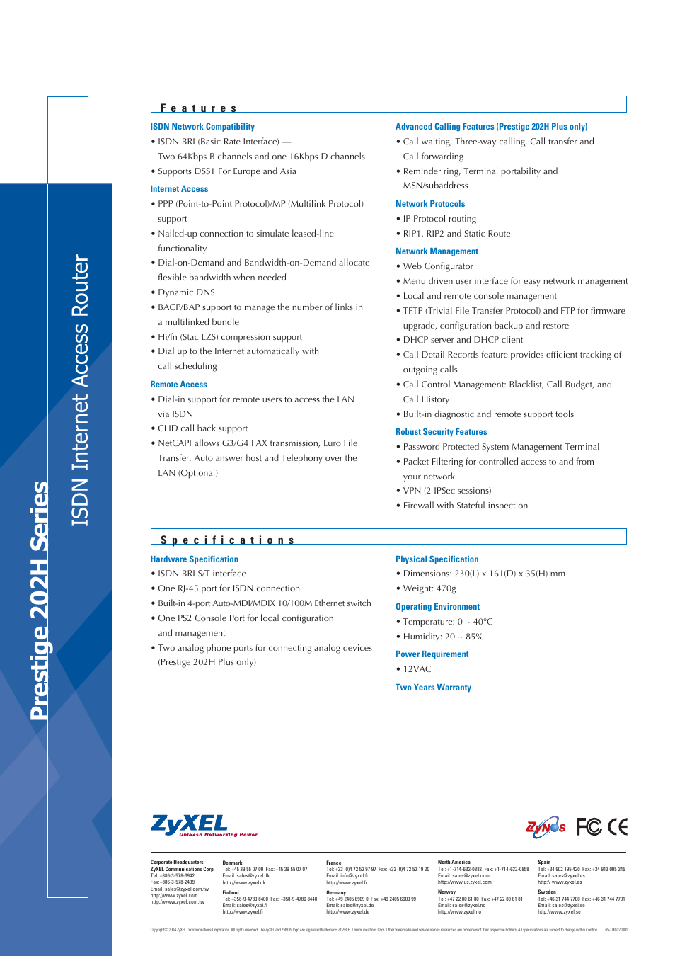 Prestige 202h series, Isdn internet access r outer | ZyXEL Communications PRESTIGE 202H User Manual | Page 2 / 2
