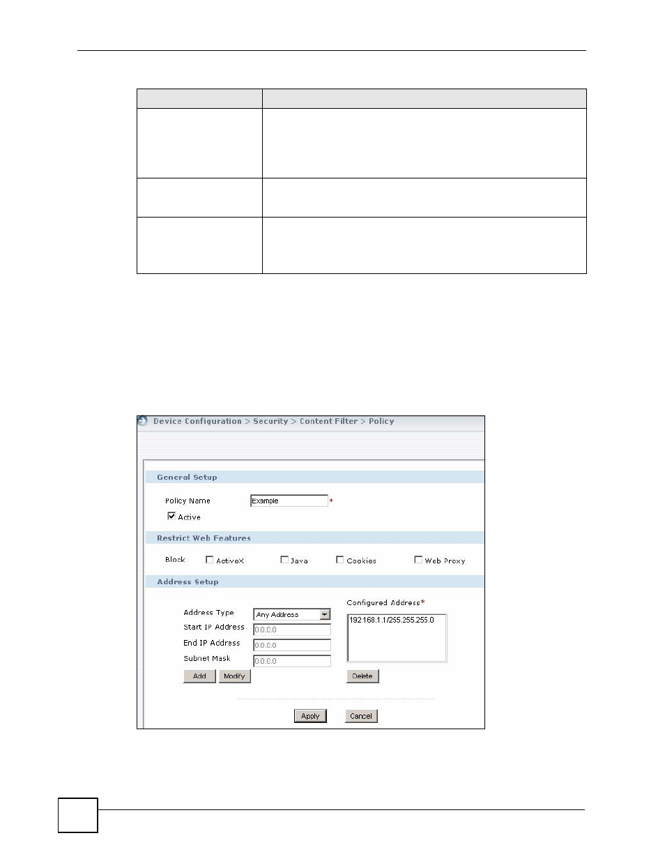 1 content filter policy: general | ZyXEL Communications Centralized Network Management Vantage CNM User Manual | Page 166 / 430
