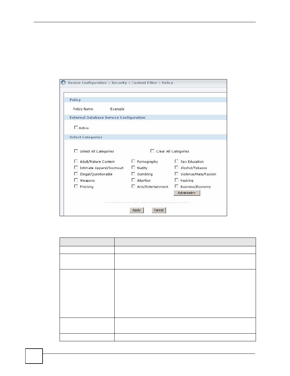 2 content filter policy: external database, Databasel | ZyXEL Communications Centralized Network Management Vantage CNM User Manual | Page 168 / 430
