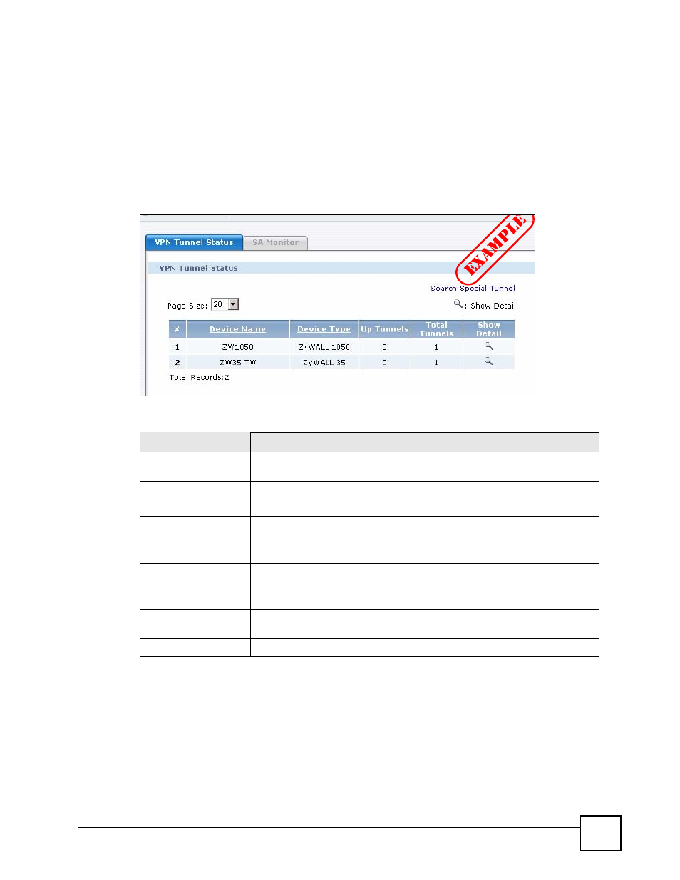 3 by device, 1 vpn tunnel status, 2 search special tunnel | Examp le | ZyXEL Communications Centralized Network Management Vantage CNM User Manual | Page 261 / 430