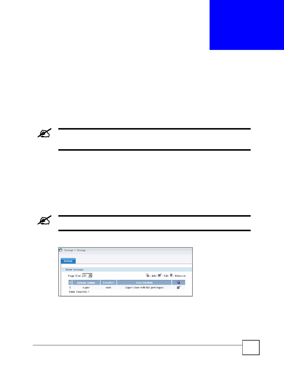Group, 1 user groups, Chapter 27 group | Figure 188 account management > group | ZyXEL Communications Centralized Network Management Vantage CNM User Manual | Page 325 / 430