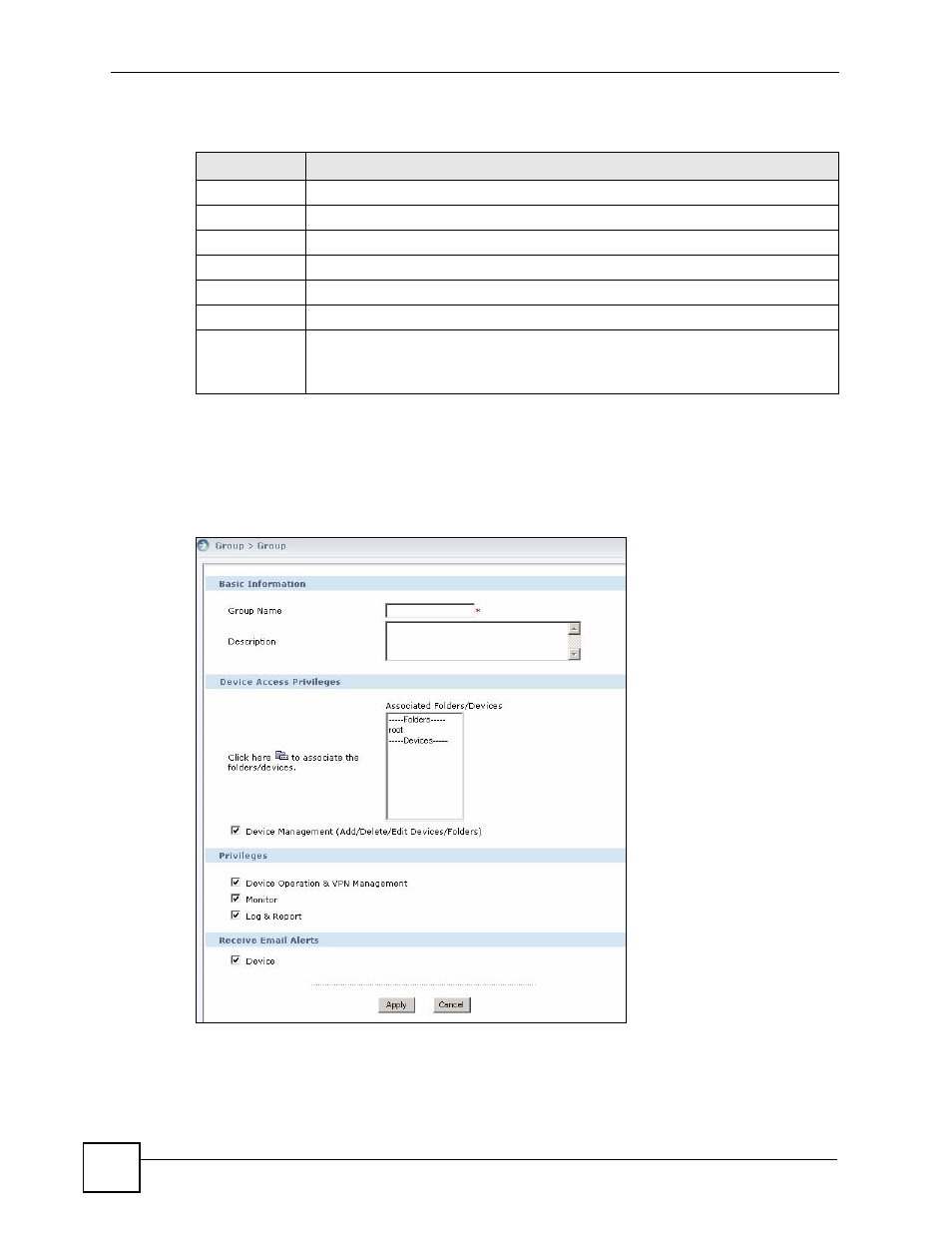1 add user group, Figure 189 account management > group > add, Table 160 account management > group | ZyXEL Communications Centralized Network Management Vantage CNM User Manual | Page 326 / 430