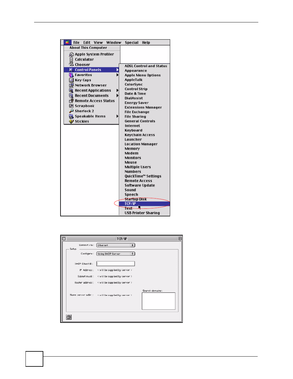 Figure 202 macintosh os 8/9: apple menu, Figure 203 macintosh os 8/9: tcp/ip | ZyXEL Communications Centralized Network Management Vantage CNM User Manual | Page 354 / 430