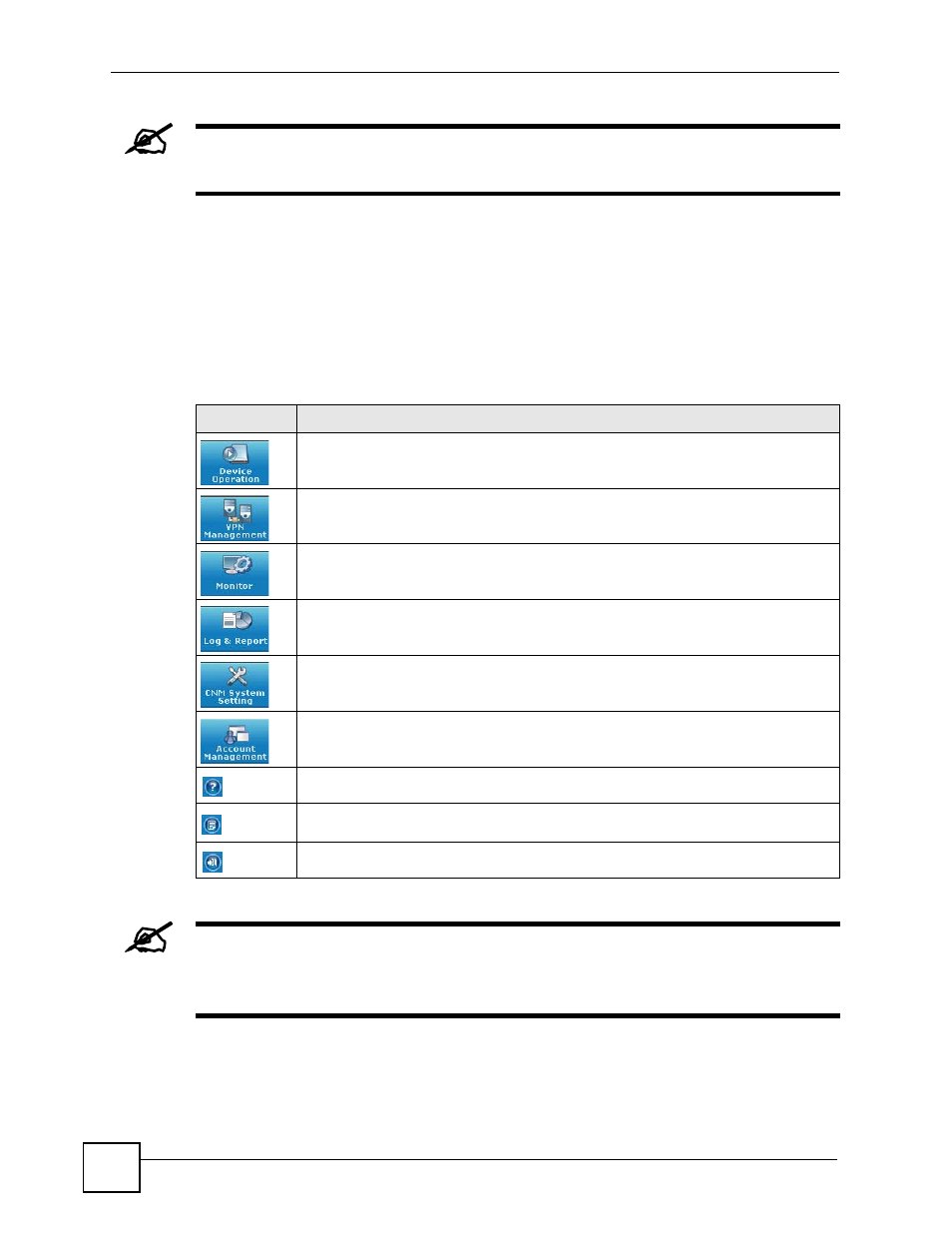 1 menu bar, Table 1 menu bar icon description | ZyXEL Communications Centralized Network Management Vantage CNM User Manual | Page 36 / 430