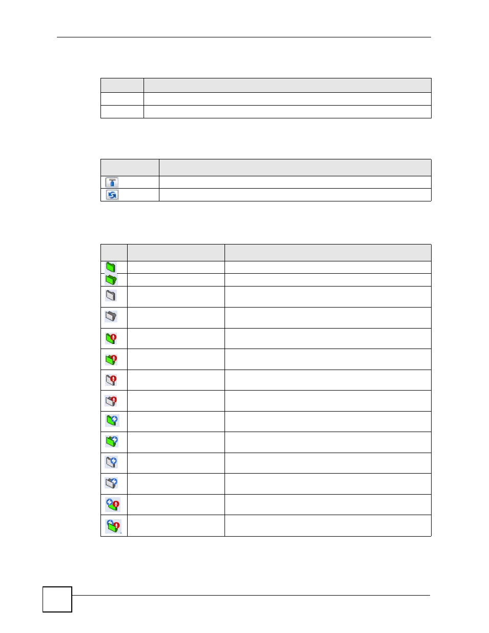 Table 3 device window: topology, Table 4 device window: icons, Table 5 device window: folder icons | ZyXEL Communications Centralized Network Management Vantage CNM User Manual | Page 38 / 430
