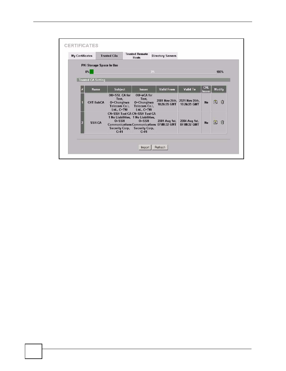 Figure 238 device’s trusted ca screen | ZyXEL Communications Centralized Network Management Vantage CNM User Manual | Page 388 / 430