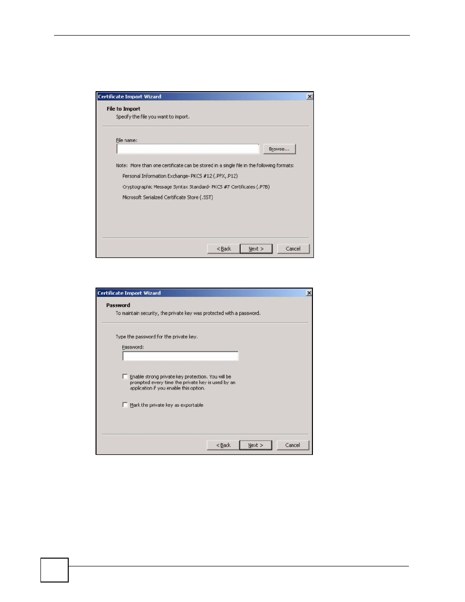 Figure 241 personal certificate import wizard 2, Figure 242 personal certificate import wizard 3 | ZyXEL Communications Centralized Network Management Vantage CNM User Manual | Page 390 / 430