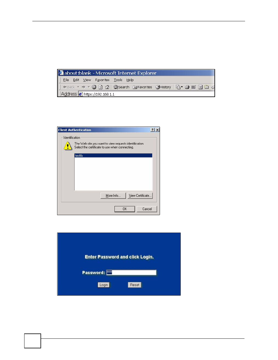 Figure 246 access the device via https, Figure 247 ssl client authentication, Figure 248 device secure login screen | ZyXEL Communications Centralized Network Management Vantage CNM User Manual | Page 392 / 430