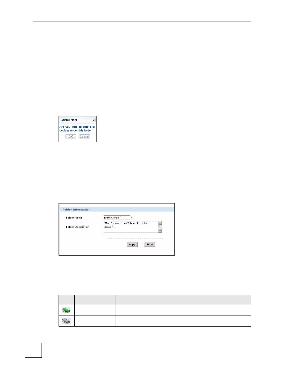 Figure 8 device window: topology: edit folder, Table 6 device window: device icons | ZyXEL Communications Centralized Network Management Vantage CNM User Manual | Page 40 / 430