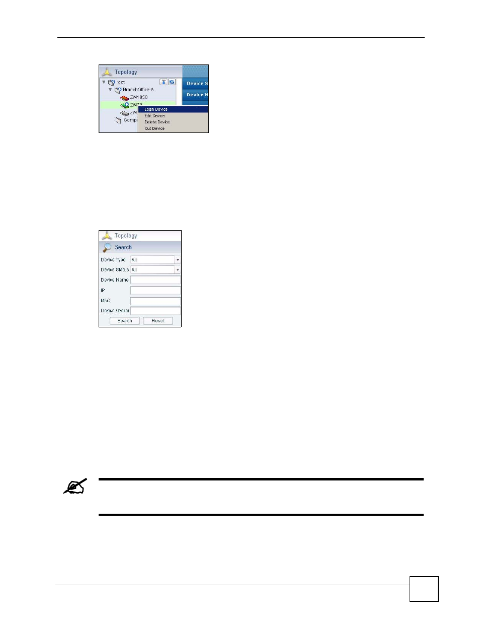 2 device search, 4 navigation panel and configuration window, Figure 16 device window: search | ZyXEL Communications Centralized Network Management Vantage CNM User Manual | Page 45 / 430