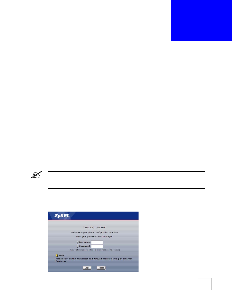 Introducing the web configurator, 1 overview, 2 accessing the web configurator | Chapter 8 introducing the web configurator, Figure 123 password screen, Introducing the web configurator (161) | ZyXEL Communications V501-T1 User Manual | Page 161 / 294