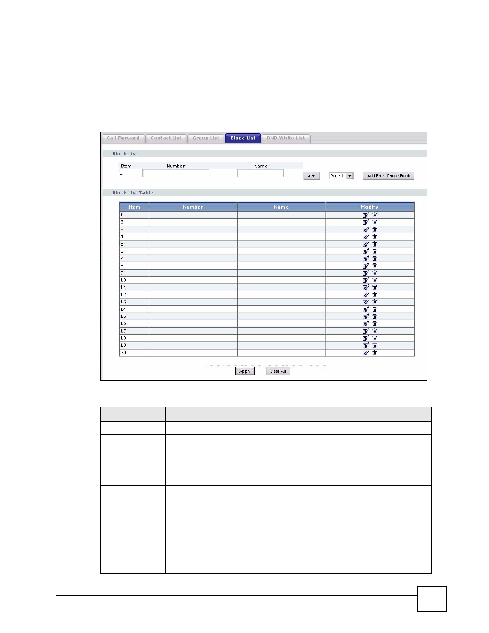 5 block list screen, Figure 146 voip > phone book > block list, Table 117 voip > phone book > block list | ZyXEL Communications V501-T1 User Manual | Page 207 / 294