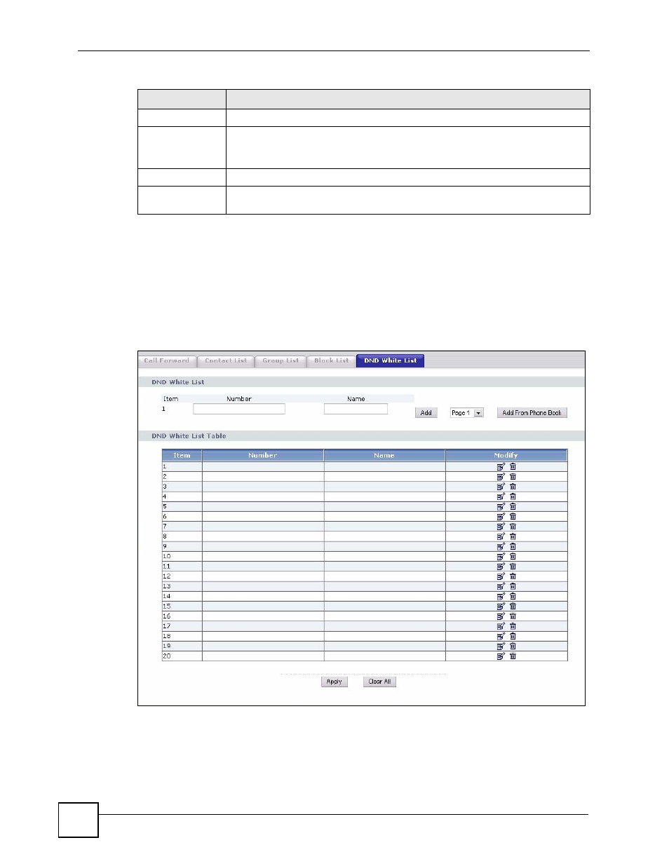 6 dnd white list screen, Figure 147 voip > phone book > dnd white list, Section 13.6 | ZyXEL Communications V501-T1 User Manual | Page 208 / 294