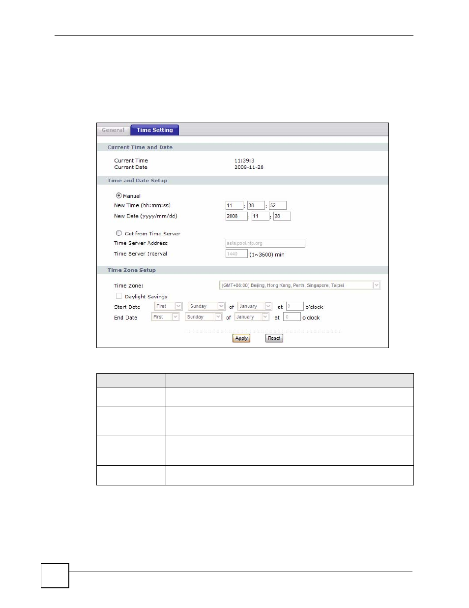 3 time setting screen, Figure 149 maintenance > time setting, Table 120 maintenance > time setting | Date, Section 14.3 | ZyXEL Communications V501-T1 User Manual | Page 216 / 294
