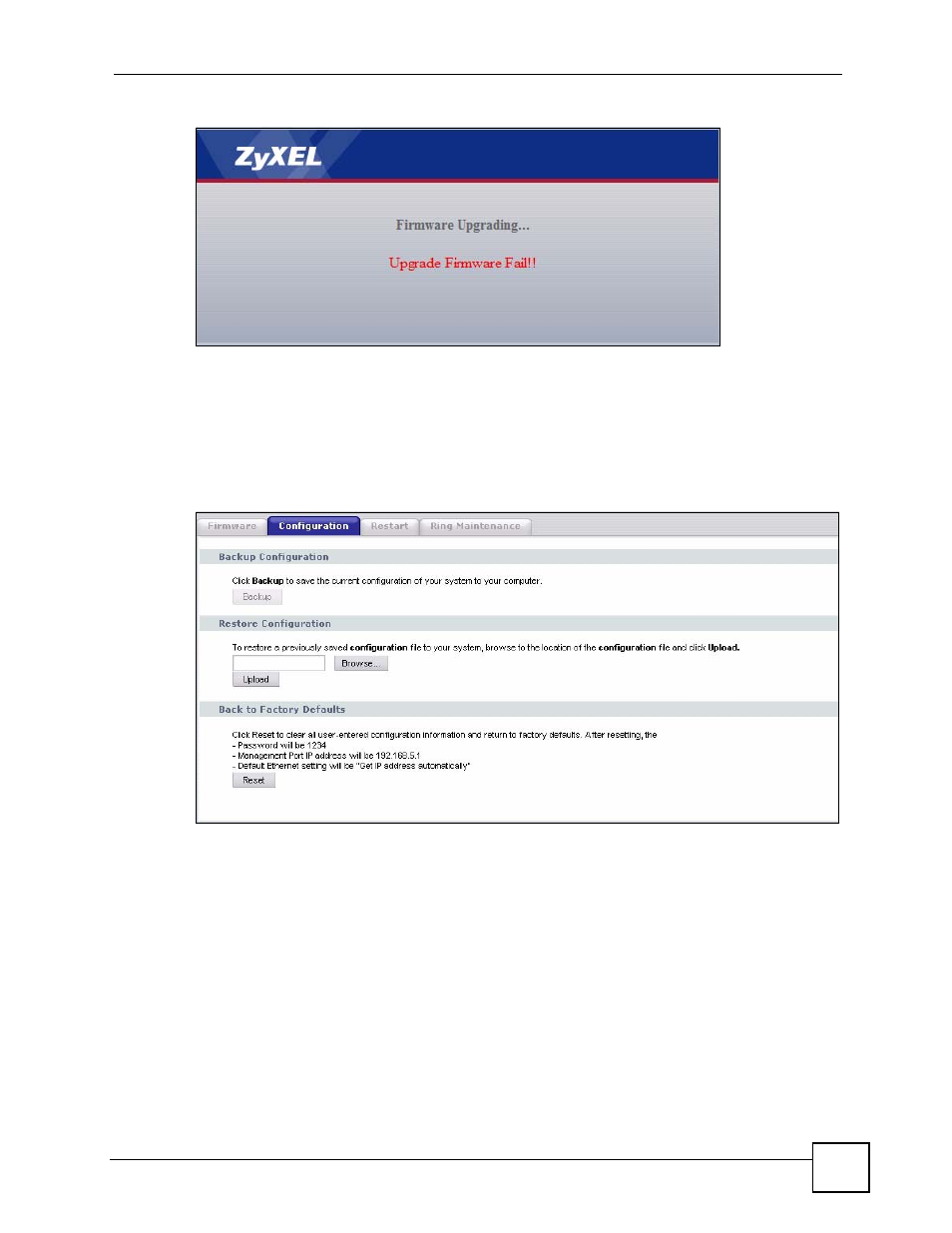 3 configuration screen, 1 backup configuration, Figure 154 upload error message | Figure 155 maintenance > tools > configuration | ZyXEL Communications V501-T1 User Manual | Page 223 / 294