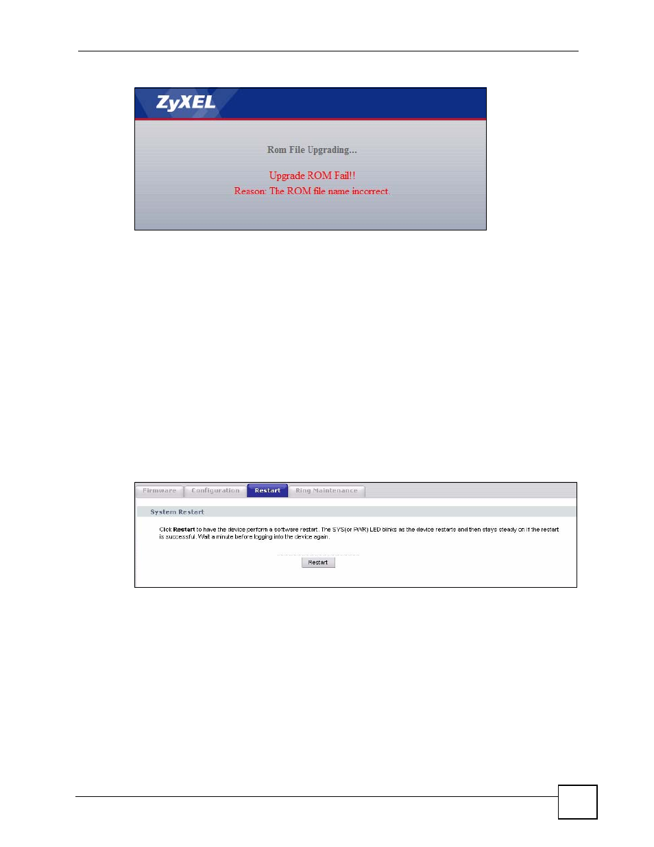 3 back to factory defaults, 4 restart screen, 5 ring maintenance screen | Figure 158 configuration restore error, Figure 159 maintenance > tools > restart, Section, Ringtones | ZyXEL Communications V501-T1 User Manual | Page 225 / 294