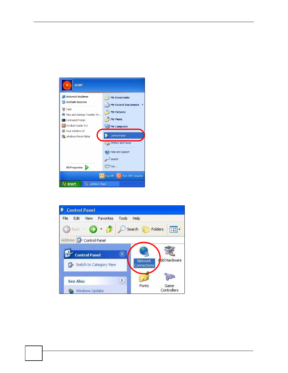 Figure 163 windows xp: start menu, Figure 164 windows xp: control panel, Windows xp/nt/2000 | ZyXEL Communications V501-T1 User Manual | Page 242 / 294