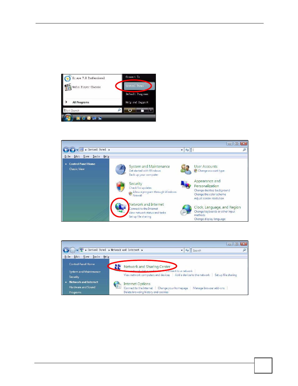 Figure 168 windows vista: start menu, Figure 169 windows vista: control panel, Figure 170 windows vista: network and internet | Windows vista, 245 windows vista | ZyXEL Communications V501-T1 User Manual | Page 245 / 294