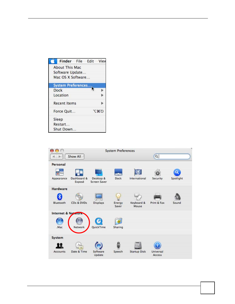 Figure 175 mac os x 10.4: apple menu, Figure 176 mac os x 10.4: system preferences, Mac os x: 10.3 and 10.4 | ZyXEL Communications V501-T1 User Manual | Page 249 / 294