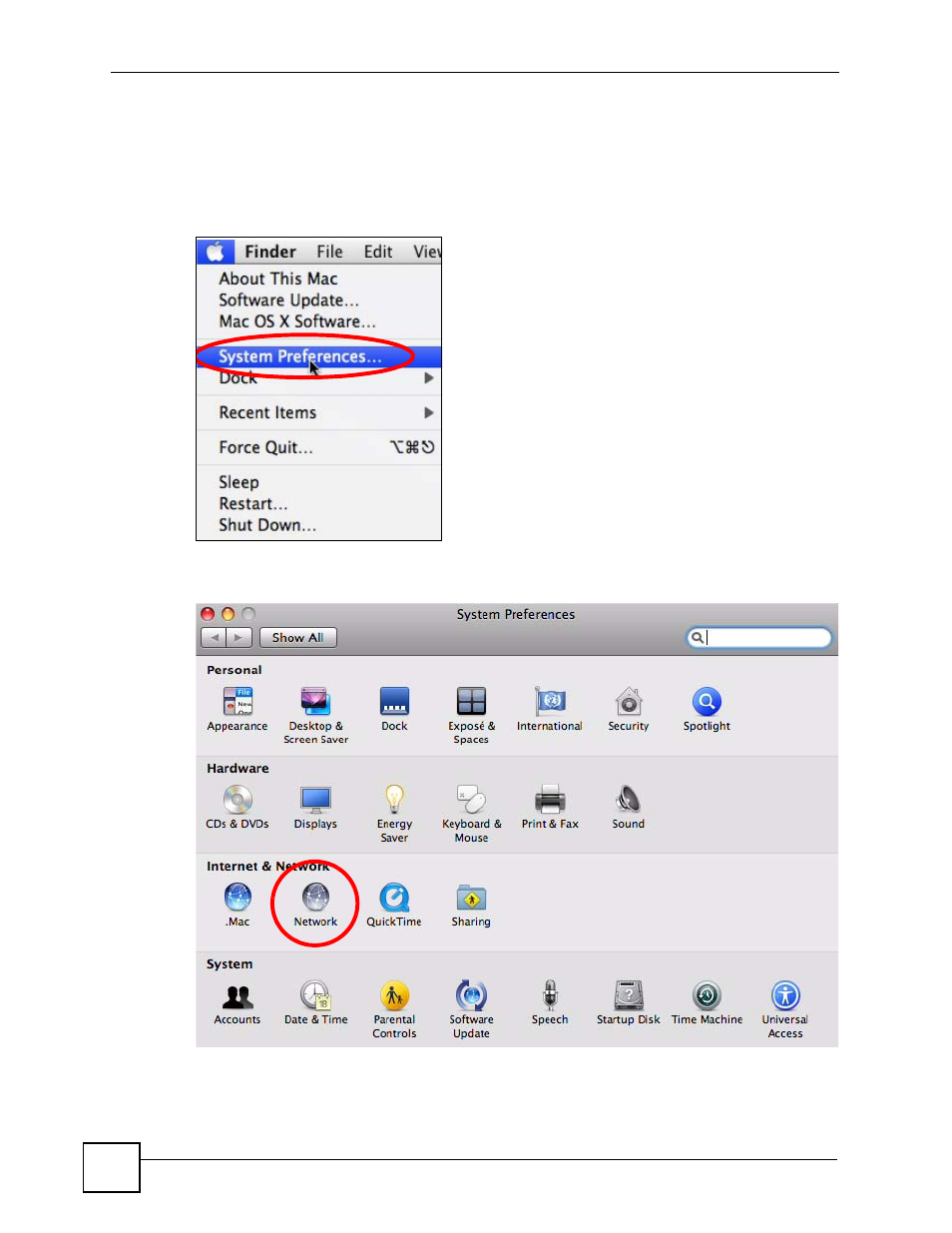 Figure 181 mac os x 10.5: apple menu, Figure 182 mac os x 10.5: systems preferences, Mac os x: 10.5 | ZyXEL Communications V501-T1 User Manual | Page 252 / 294