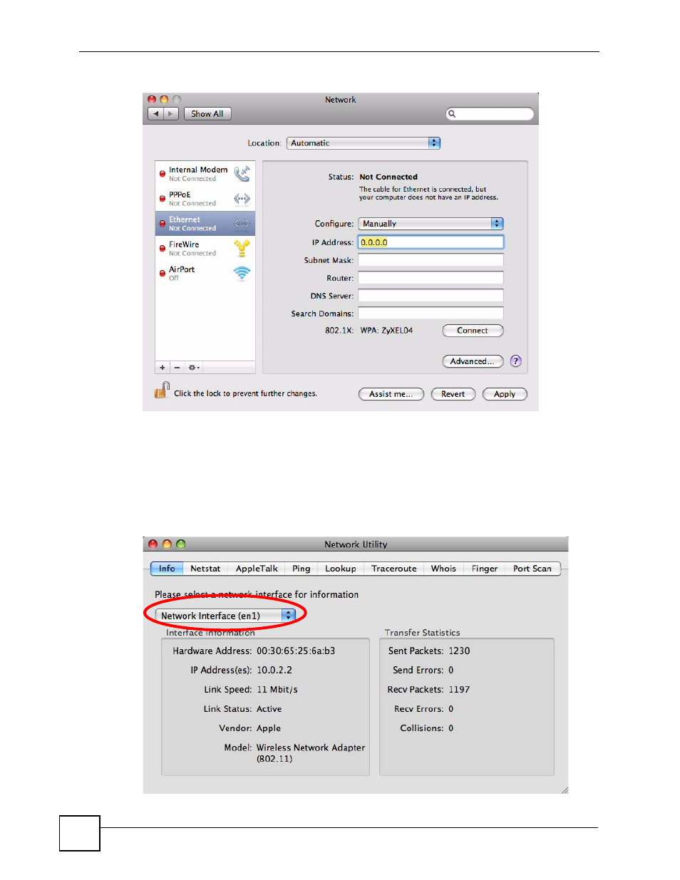 Figure 185 mac os x 10.5: network utility | ZyXEL Communications V501-T1 User Manual | Page 254 / 294
