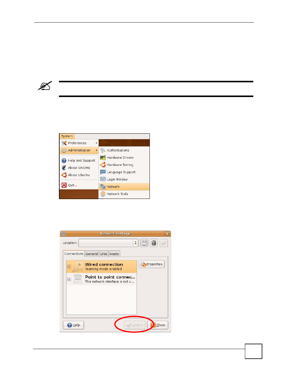 Figure 186 ubuntu 8: system > administration menu, Linux: ubuntu 8 (gnome), 255 linux: ubuntu 8 (gnome) | ZyXEL Communications V501-T1 User Manual | Page 255 / 294