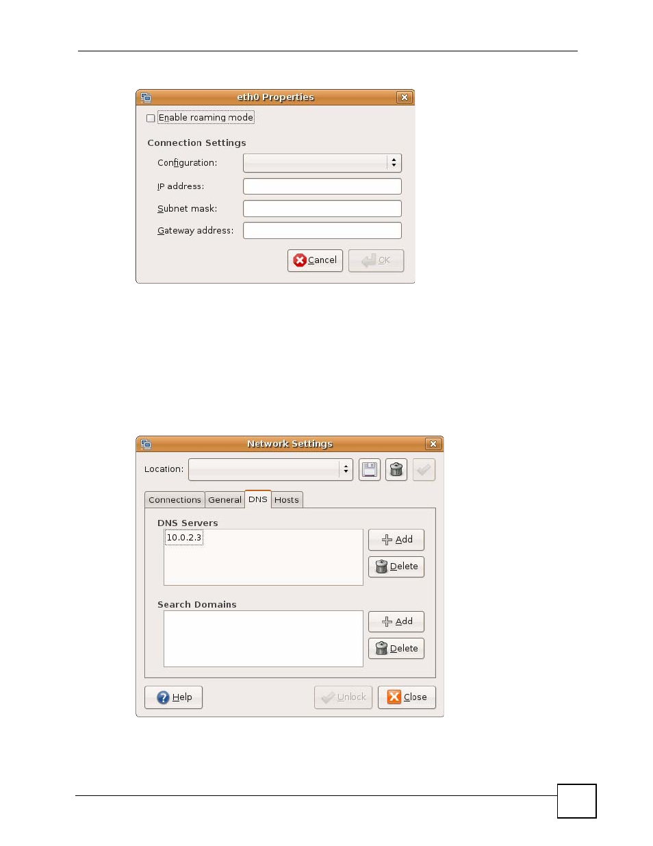 Figure 190 ubuntu 8: network settings > properties, Figure 191 ubuntu 8: network settings > dns | ZyXEL Communications V501-T1 User Manual | Page 257 / 294