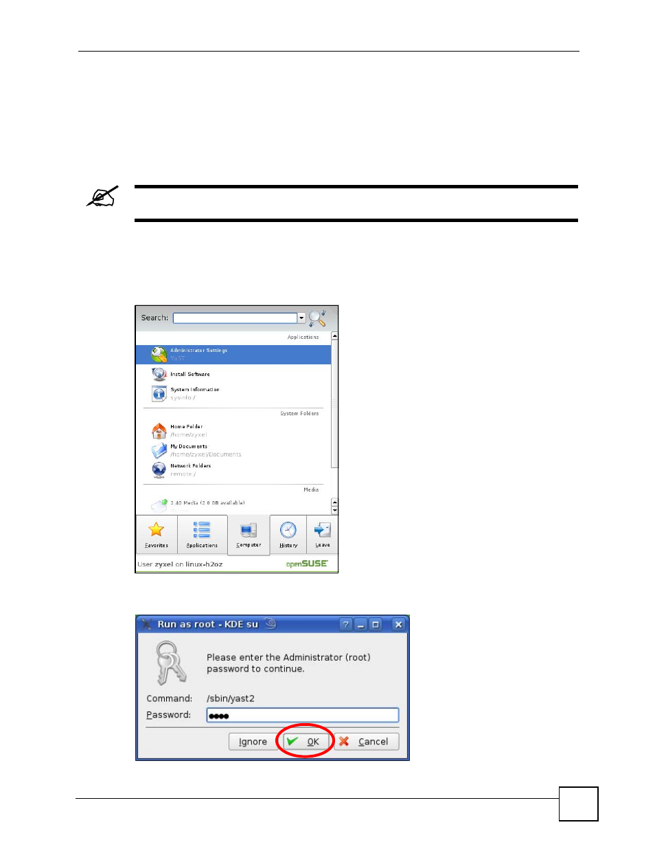 Figure 193 opensuse 10.3: k menu > computer menu, Figure 194 opensuse 10.3: k menu > computer menu, Linux: opensuse 10.3 (kde) | ZyXEL Communications V501-T1 User Manual | Page 259 / 294