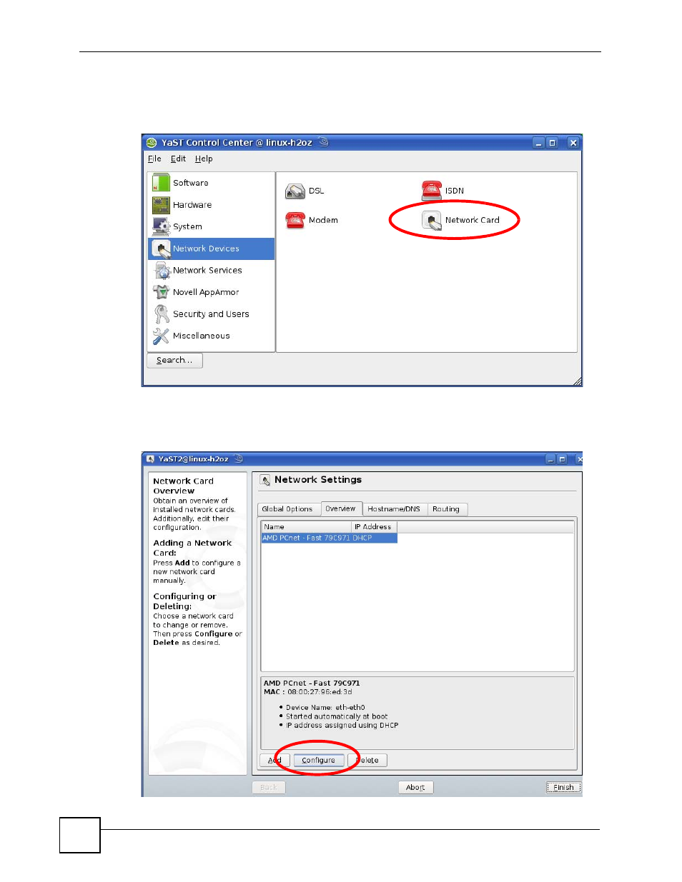 Figure 195 opensuse 10.3: yast control center, Figure 196 opensuse 10.3: network settings | ZyXEL Communications V501-T1 User Manual | Page 260 / 294