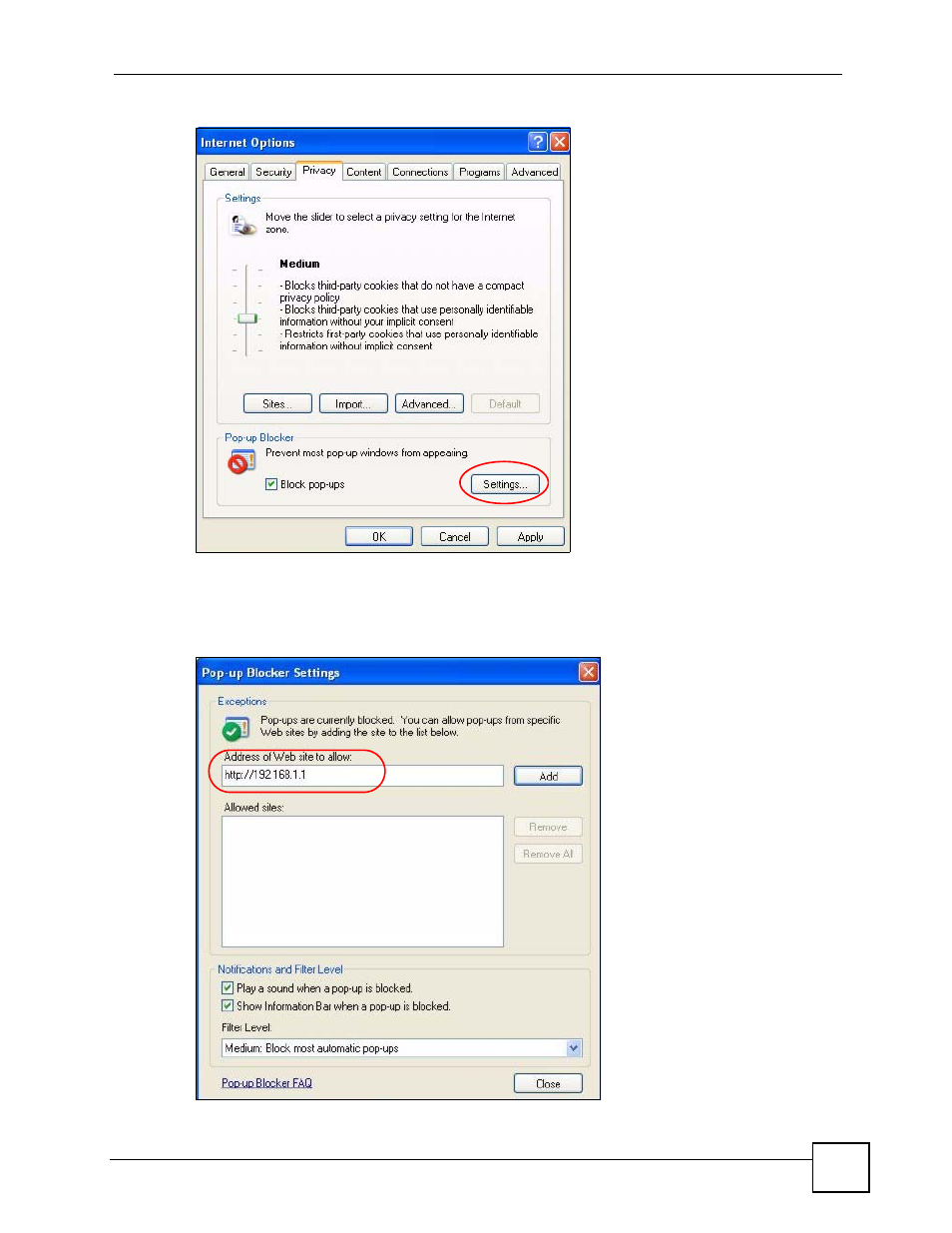 Figure 203 internet options: privacy, Figure 204 pop-up blocker settings | ZyXEL Communications V501-T1 User Manual | Page 267 / 294