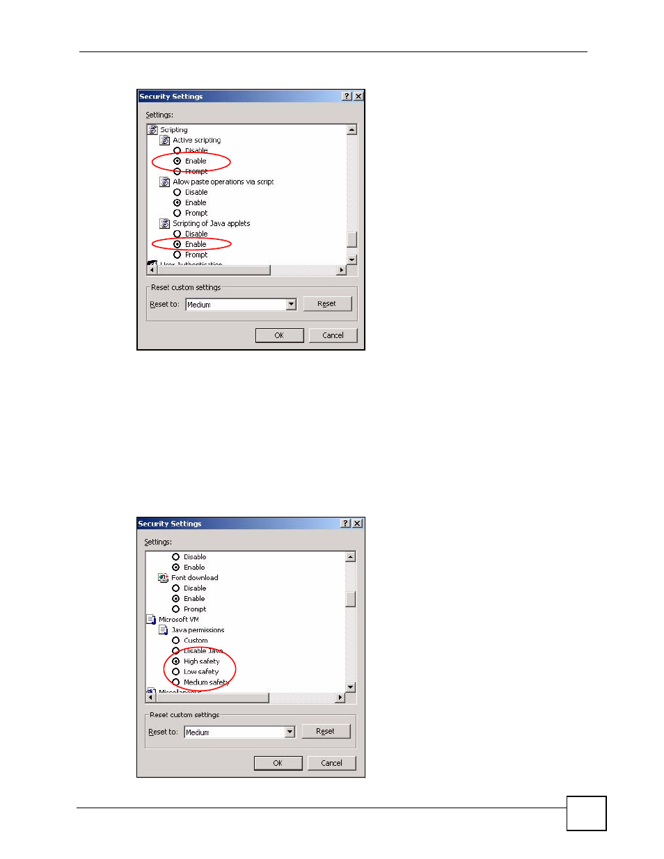 Figure 206 security settings - java scripting, Figure 207 security settings - java, Java permissions | ZyXEL Communications V501-T1 User Manual | Page 269 / 294