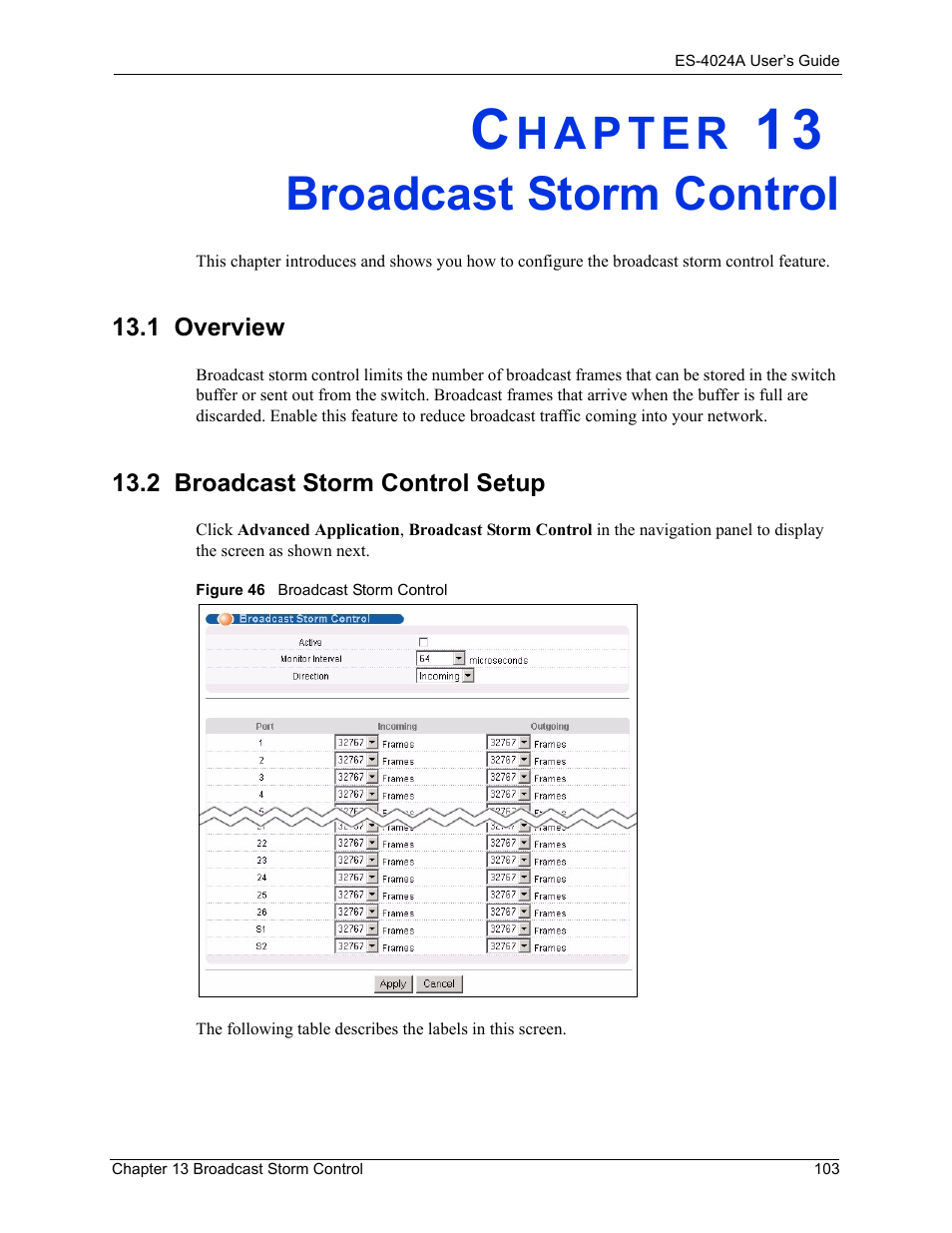 Broadcast storm control, 1 overview, 2 broadcast storm control setup | Chapter 13 broadcast storm control, 1 overview 13.2 broadcast storm control setup, Figure 46 broadcast storm control | ZyXEL Communications ZyXEL Dimension ES-4024 User Manual | Page 104 / 284